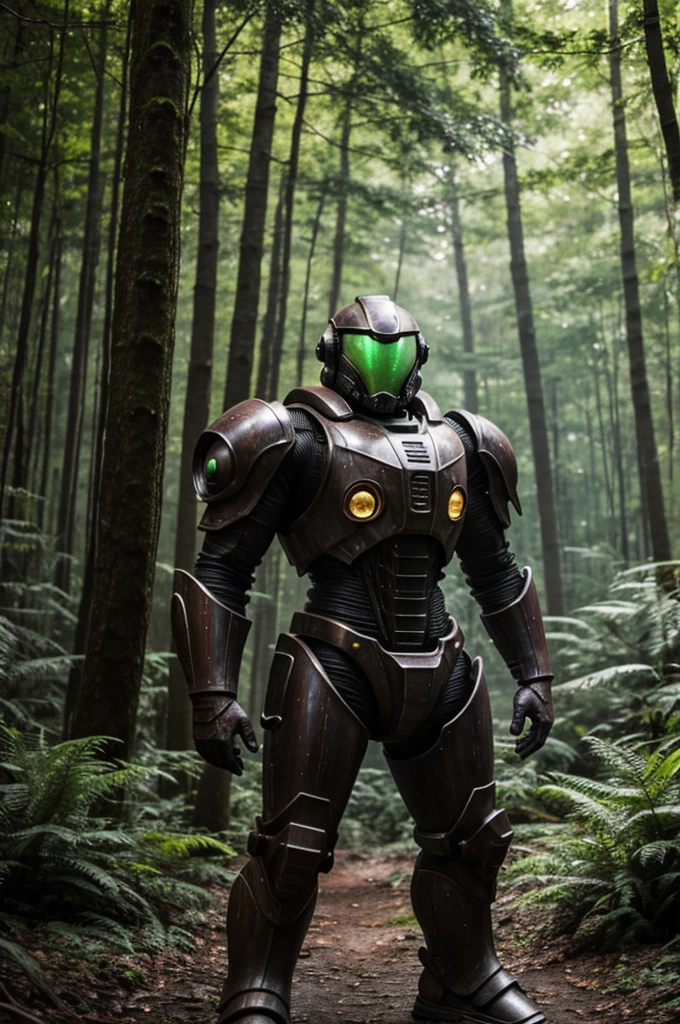 Alien with power armor,in a lush forest