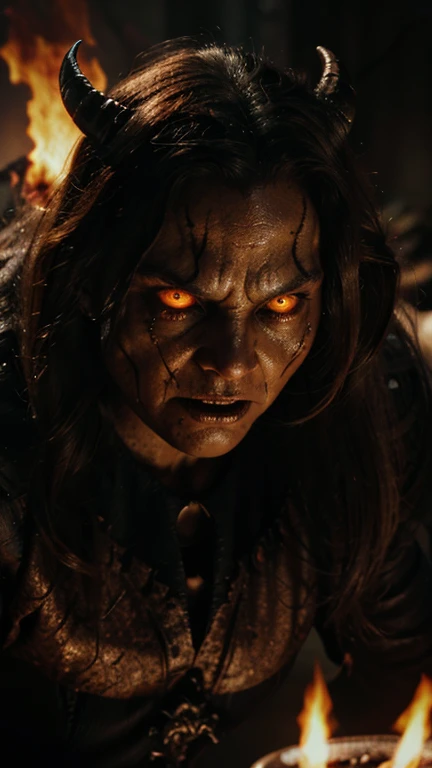 A dramatic, cinematic close-up of a demon and Satan with terrifying, horrifying faces. Their grotesque features are illuminated by eerie, flickering hellfire. The demon's skin is cracked and charred, with malevolent, glowing eyes, while Satan's face is twisted with rage and pain, horns spiraling from his forehead. The background is a chaotic inferno, filled with shadows and flickering flames, enhancing the sense of cosmic dread and apocalyptic horror.
