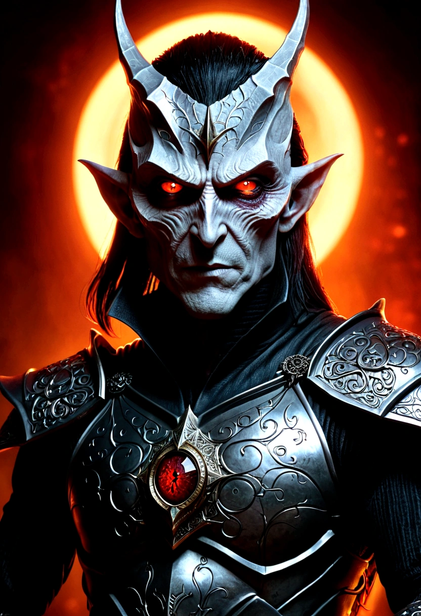 a highly detailed portrait of Sauron, the Dark Lord, extremely intricate and realistic, masterfully rendered, dark and ominous atmosphere, glowing red eyes, sharp angular features, menacing expression, ornate dark armor, dramatic lighting, moody color tones, cinematic composition, gothic fantasy, chiaroscuro effect, digital painting