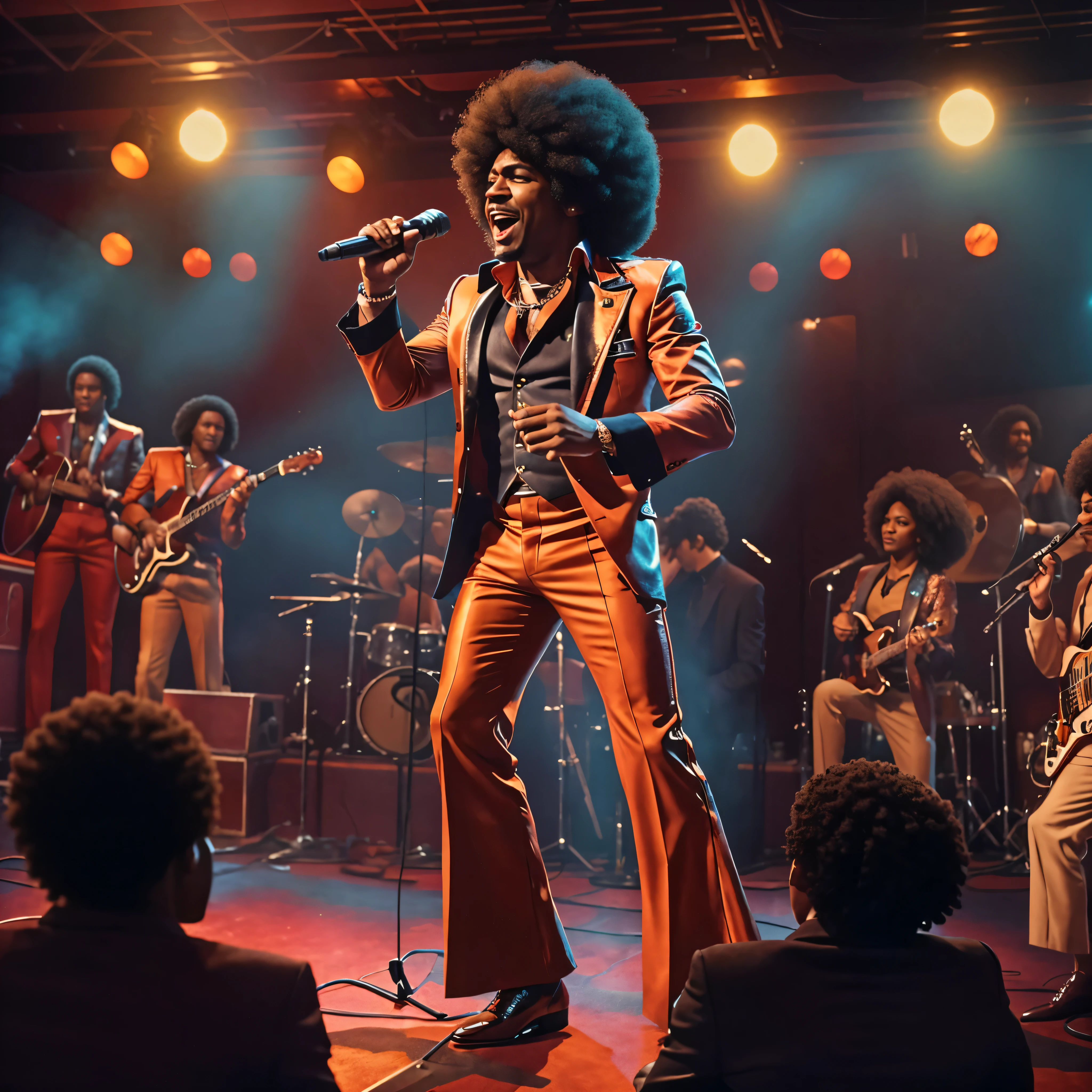  A dynamic 1970s scene featuring fictional R&B star Ronnie Sampson passionately singing on stage in a smoky nightclub. Ronnie, with his iconic afro, is dressed in a stylish suit with wide lapels and flared pants. The stage is bathed in dim, colorful lights, adding to the club’s smoky atmosphere. The audience is lively, enjoying the soulful performance. The vintage decor, with plush seating and round tables, completes the authentic 1970s vibe. cinematic, cinematic action, atmospheric perspective, dep th of f iel   d, textured skin, super detail, 
