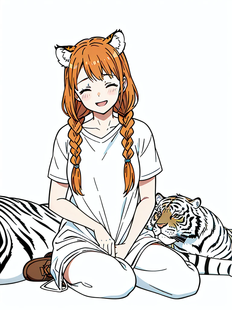 1girl,20 years old,mature female,solo,tiger ears,long hair,casual outfit,(twin braids),orange hair,(white background,line drawing),sitting,blush,open mouth,smile,closed eyes,drunked