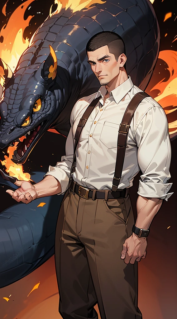 Handsome elderly man, black hair, very short hair, ((crew cut: 1)), blue eyes, fair skin, ((muscular: 1)), man, 50 years old, muscular, in good shape, muscular. white shirt with red, gold details, baggy gray pants, black and brown belts, black boots, lots of belts, patriarch, fire, fire salamander.
