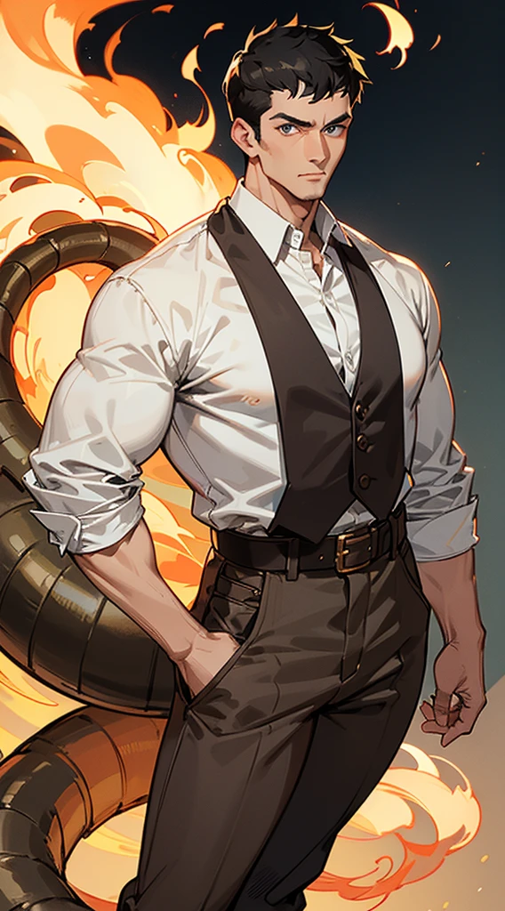 Handsome elderly man, black hair, very short hair, ((crew cut: 1)), blue eyes, fair skin, ((muscular: 1)), man, 50 years old, muscular, in good shape, muscular. white shirt with red, gold details, baggy gray pants, black and brown belts, black boots, lots of belts, patriarch, fire, fire salamander.
