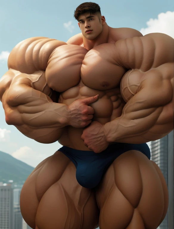 1boy, giant, alone, giant bodybuilder, illuminating light, strong body, bulk, large size, standing, with panoramic background, outdoor, nude, white triangular underwear, thick bulge, scratch his bulge, extraordinary big, brutalmass, giant muscular body, bulk, buff, massive body, large meaty body size, extremely wide body