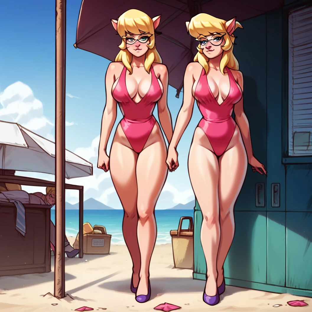 2girls, clones, Callie Briggs, detailed, detailed fur, wardrobe malfunction, legs, purple heels, blonde hair, eyes open, beach, glasses, thicc thighs, standing, 