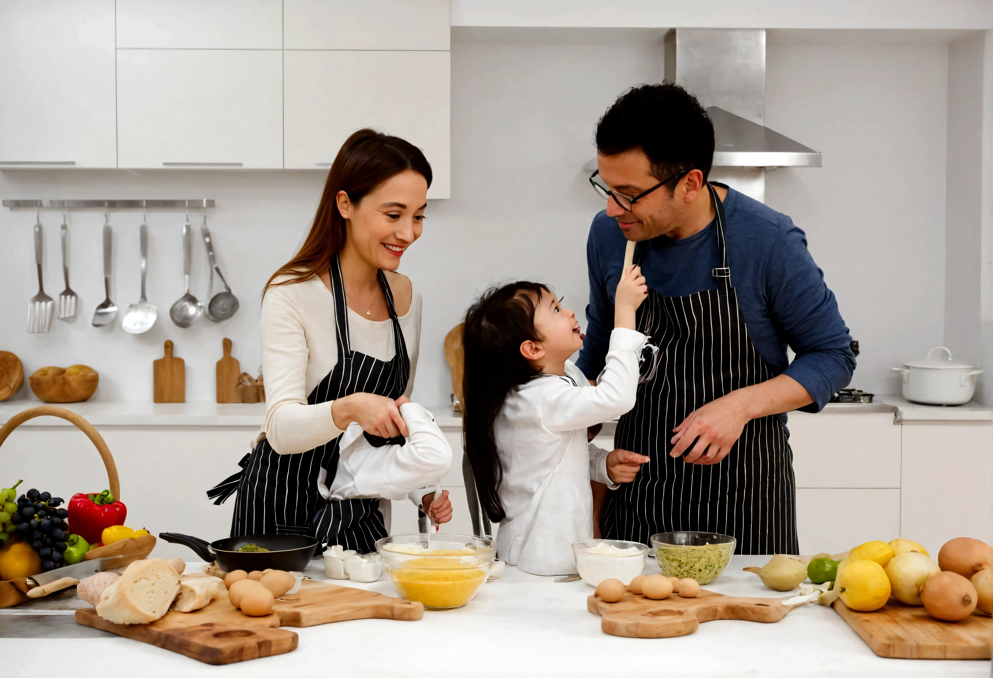 araffes and a woman and a are In the kitchen, cooking, Wearing an apron, In the kitchen里, photo, lifestyle, gourmet food, In the kitchen, French, , cooking show, happy , Husband, wife, son, children, European, shutter, healthy, photography, Marketing photo, Mixed Art, Warm and convivial atmosphere