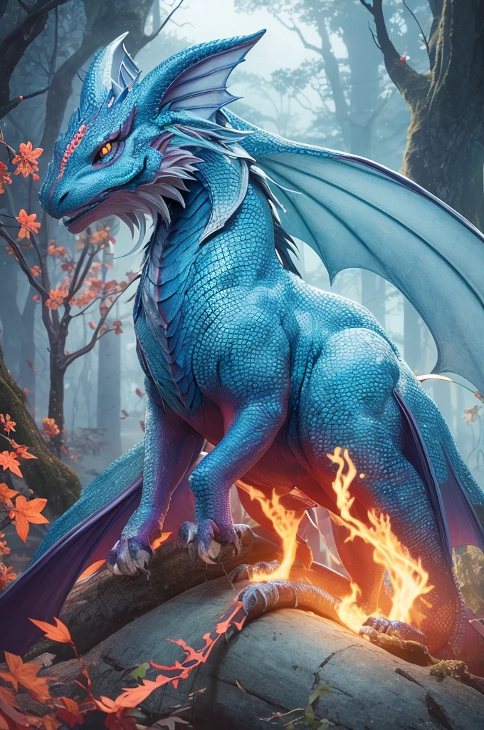 Create a highly detailed fantasy illustration of a mythical creature that combines the features of a cat and a dragon. The creature should have large, expressive eyes with bright, captivating colors. Its body should be adorned with intricate patterns and ornamental details, including armor-like elements. The creature should have a mix of deep blues, fiery oranges, and reds in its coloration. Include distinctive features like horns, scales, and feathers to enhance its mythical appearance.
Set the creature in an enchanted forest with blooming cherry blossoms and detailed, twisted tree branches. The background should evoke a sense of depth and a mystical atmosphere, with vibrant colors and intricate textures. The art style should be a blend of realism and fantasy, with vivid, saturated colors creating a striking visual impact.