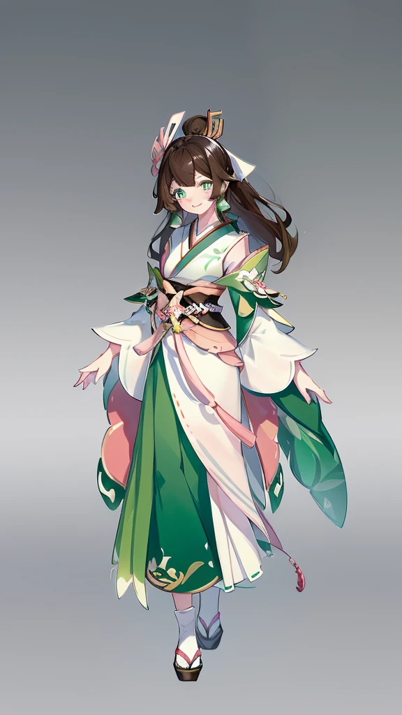 ((Genshin impact style)) (masterpiece), (high quality), 1 girl, , female body, white skin, freckles, ((long, and wavy DARK-BROWN HAIR)), ((green and bright eyes)), she has a cheerful, kind and sweet expression, pink lips with a big smile, designs from East Asian, Game character costume design, Japanese clothing style with a green and light pink color palette, Japanese hair accessories, ((White background, Cute, bright and colorful pink details)), ((full body standing panting)), intricate details, lens flare,ultra high resolution,sharp focus,HD,8k,clear facial features,clear details,beautiful eyes,beautiful face