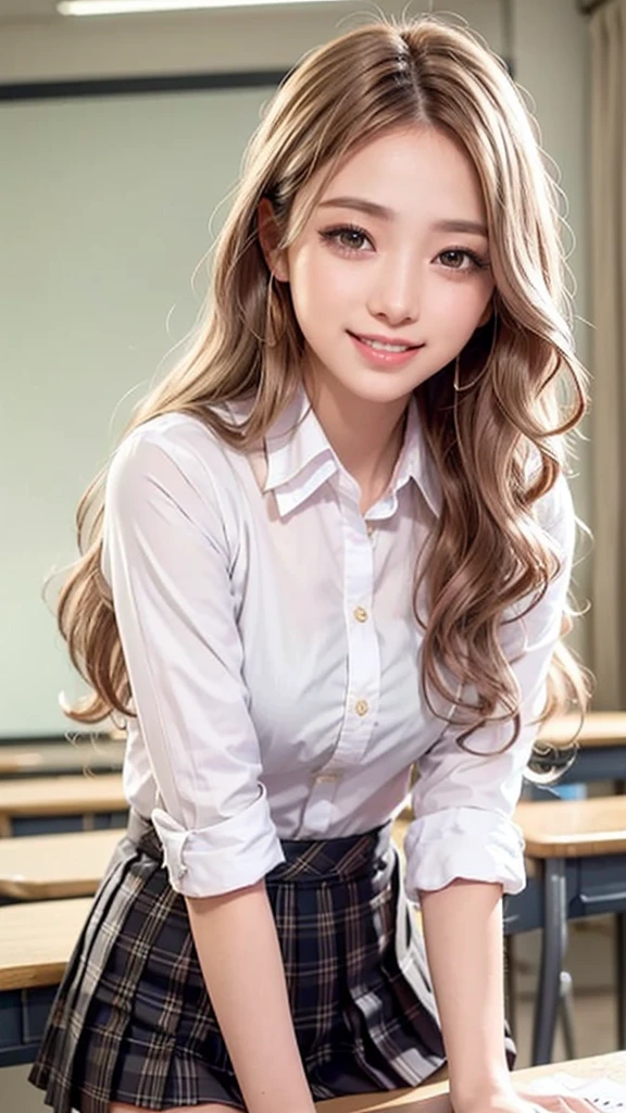 Realistic, masterpiece, highest quality, highest resolution, one Japanese high school girl, 16 years old, upper body photo, She narrows her eyes and looks at me with a shy smile and a smile, smiling with open mouth, Beautiful and detailed eye drawing, (droopy eyes:1.3), black eyes, thin eyebrows, Carefully draw eyelashes, A little tooth is visible, gal makeup,  (Pink gold wavy hair, midium hair, middle part:1.3), (hidden creased eyelids:1.3), He is wearing a neat white button-up shirt., She is wearing a short pleated skirt with a gray plaid pattern, A was photographed from below at an angle, school classroom