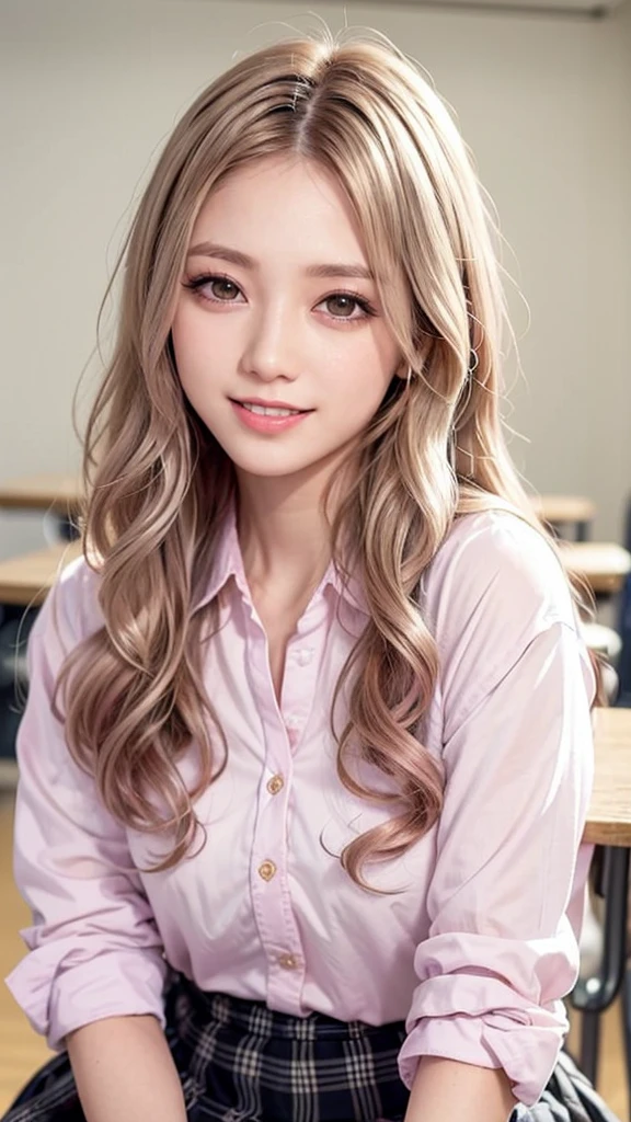 Realistic, masterpiece, highest quality, highest resolution, one Japanese high school girl, 16 years old, upper body photo, She narrows her eyes and looks at me with a shy smile and a smile, smiling with open mouth, Beautiful and detailed eye drawing, (droopy eyes:1.3), black eyes, thin eyebrows, Carefully draw eyelashes, A little tooth is visible, gal makeup, (Pink gold wavy hair, midium hair, middle part:1.3), (hidden creased eyelids:1.3), He is wearing a neat white button-up shirt., She is wearing a short pleated skirt with a gray plaid pattern, A was photographed from below at an angle, school classroom