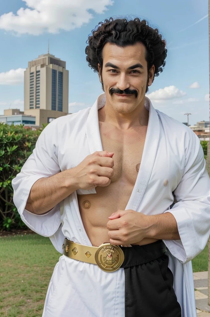 mr satan,1boy, solo,upper body, black hair,blue eyes, brown dougi,black championship belt,black belt,slight smile,looking at viewer,mustache,afro,white cape, sky, city in the background,,thumbs up,pectoral cleavage,looking at viewer,chest hair,muscular male,(best quality, masterpiece)