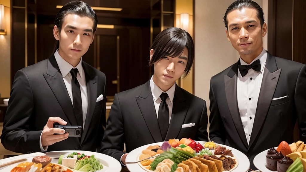 A man with his bangs down and a man with his hair slicked back are taking a photo together, Japanese, Black suit, Luxury hotel buffet