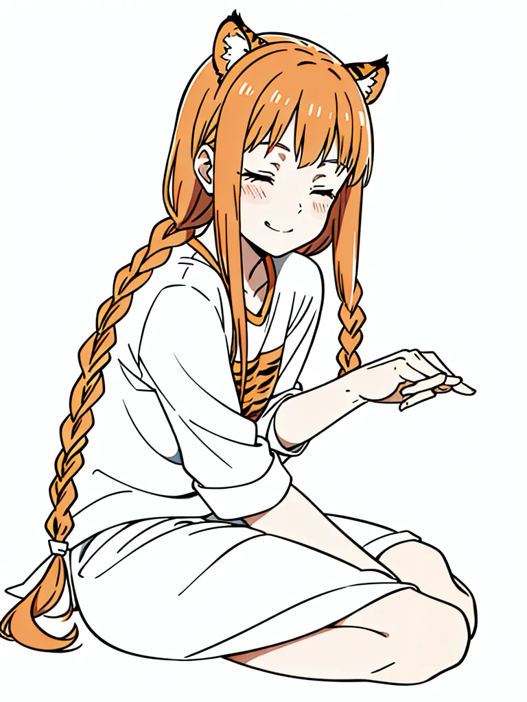 1girl,20 years old,mature female,solo,tiger ears,long hair,casual outfit,(twin braids),orange hair,(white background,line drawing),sitting,blush,open mouth,smile,closed eyes,drunked,portrait