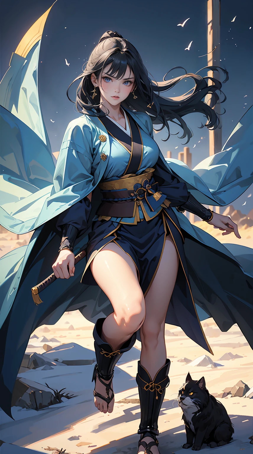 Highest quality、masterpiece、8K、Realistic、超High resolution、Very delicate and beautiful、High resolution、Fantasy、Muscle Girl、Perfect female body、Neutral women、Blue Hair、Toned body、Cape、kimono、Wild Pose、Full body emphasis、Simple Background、Angry、samurai、Iai