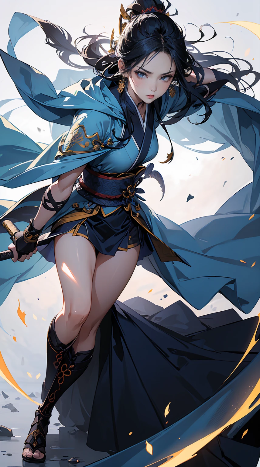 Highest quality、masterpiece、8K、Realistic、超High resolution、Very delicate and beautiful、High resolution、Fantasy、Muscle Girl、Perfect female body、Neutral women、Blue Hair、Toned body、Cape、kimono、Wild Pose、Full body emphasis、Simple Background、Angry、samurai、Iai