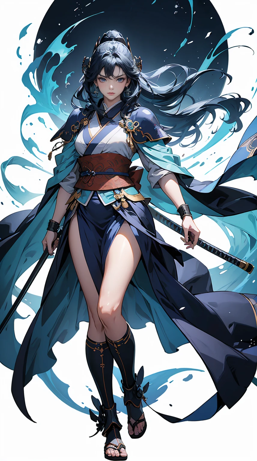 Highest quality、masterpiece、8K、Realistic、超High resolution、Very delicate and beautiful、High resolution、Fantasy、Muscle Girl、Perfect female body、Neutral women、Blue Hair、Toned body、Cape、kimono、Wild Pose、Full body emphasis、Simple Background、Angry、samurai、Iai