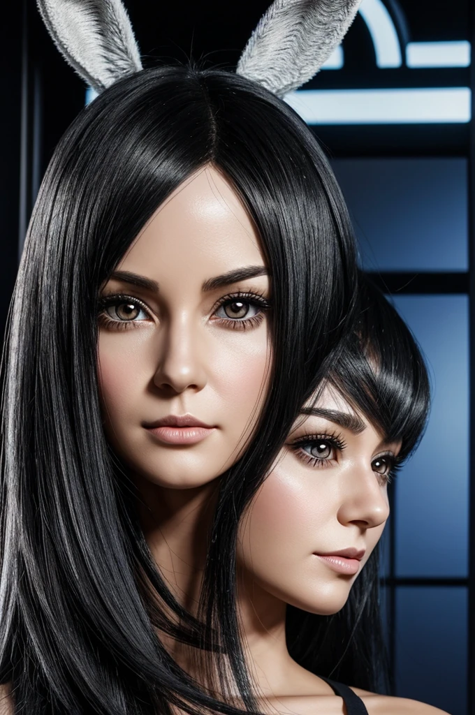 35-year-old woman with a height of 1.65, with a feminine body
He has silver pupils and his hair is black.
With rabbit ears and animatronic features.
Anime style semi realistic