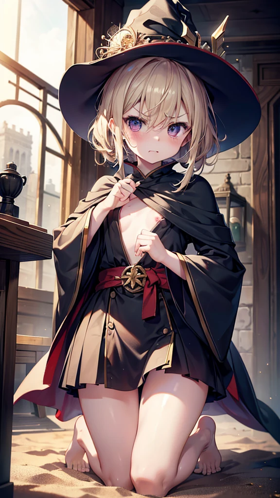 Highest quality、High resolution、masterpiece、nsfw、Angry、little nipple、Glare、little eyes,battlefield、war、scratch、Sand Dust、((Wizard's wand、Sit down))、(((bukkake:1.5、cum on face、com on body)))、hair volume down,Are thin、、nsfw,((spoken heart,cum on face:1.2、cum on body:1.2))、slim body,sad、((、cum on body,Bukkake、facial))、、Zoom in、Zoom in、boyish:1.5、Embarrassed、(from above:1.3)、Steam throughout:1.3、((crying、、saliva:1.2))、(pain、Frowning)、、Very small breasts)、(ta、younger sister)、15 yngryいる:1.3、Glare:1.3、))、small breasts:1.2、nsfw