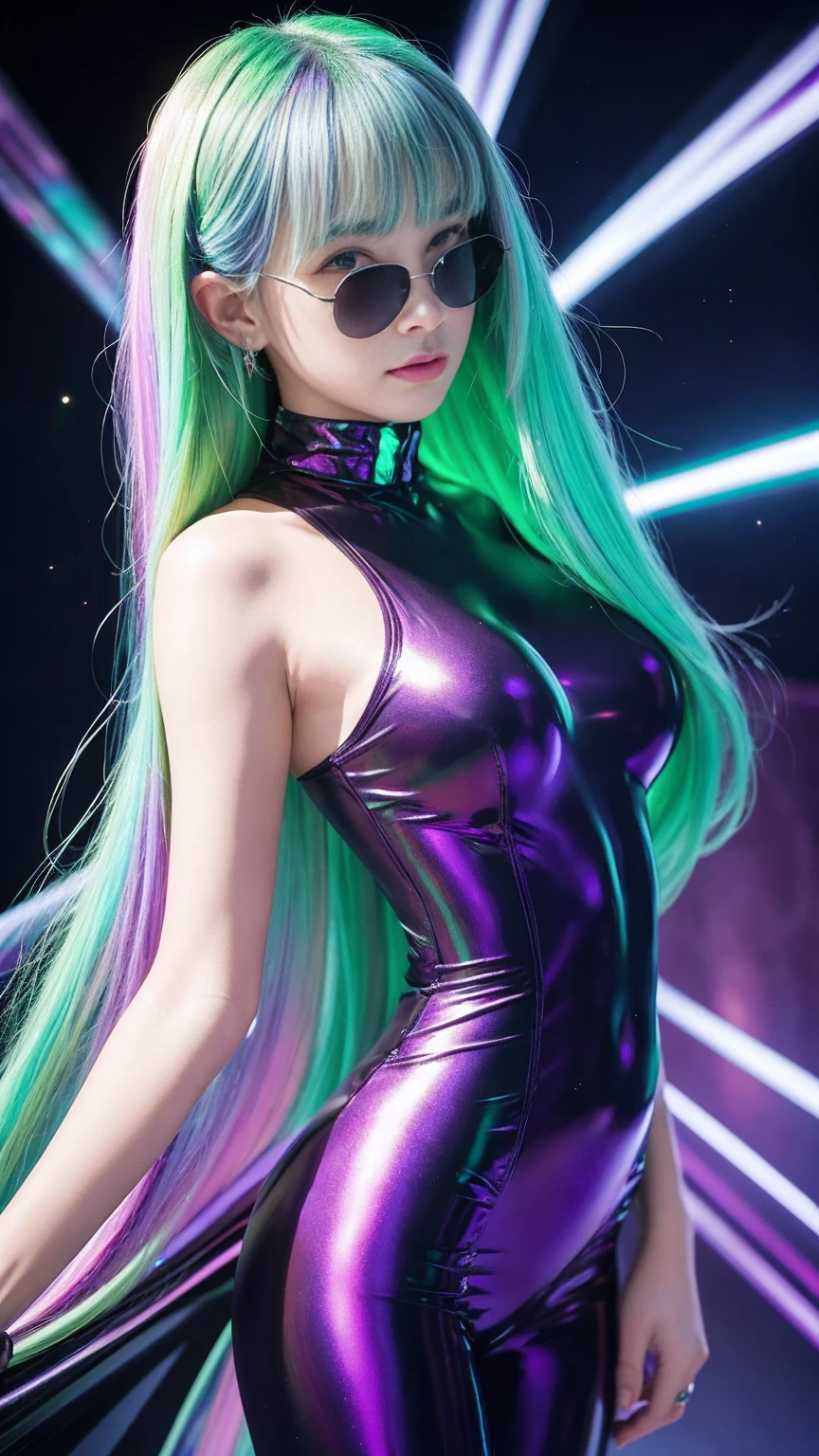 masterpiece, Highest quality, One girl, with long flowing iridescent hair in shades of purple, green, Green and, Wearing a shiny black bodysuit, Put one hand on your hip、In the other hand, a light shines, Magic crystal ball. background, A swirl of light and energy、It gives the scene a mysterious and enchanting atmosphere.。. glow 髪, Multicolor Hair