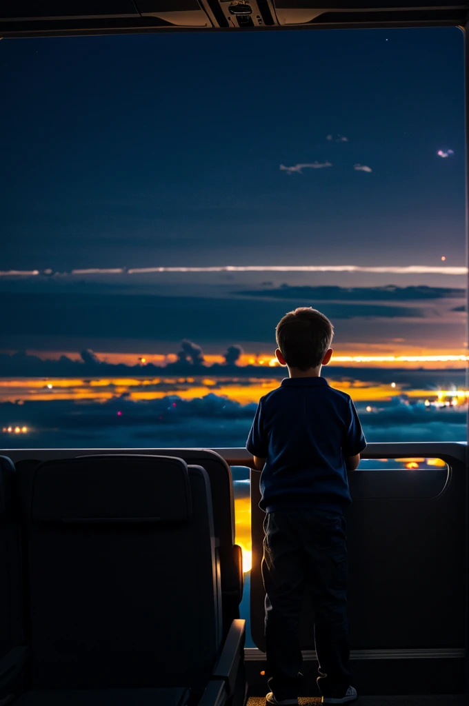 Boy looking at airplane in the dark of night