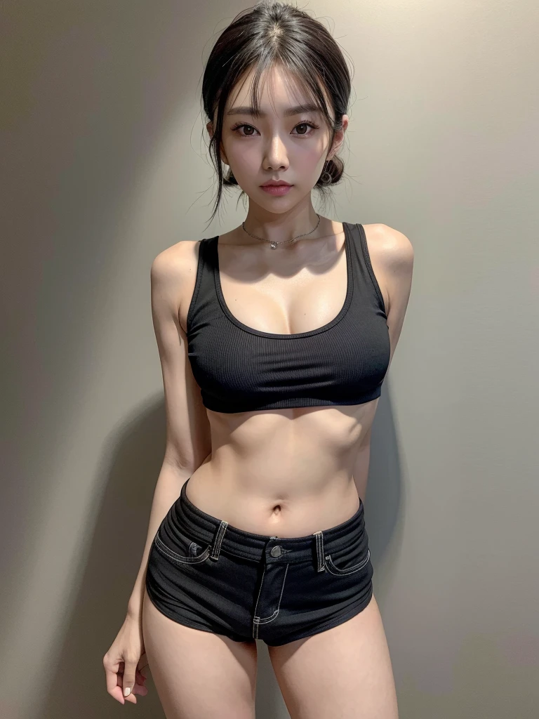 8K,Highest quality,An Asian woman in her fifties wearing a black top and ripped shorts, セクシーなWearing a crop top, Bra and shorts streetwear, Wearing a cropped black tank top, Slim girl photos model, korean female fashion model, Wearing a black cropped tank top, Gorgeous Young Korean Woman, Korean Girls, Slim girl photos, Wearing a crop top, 2 4-year-old female model