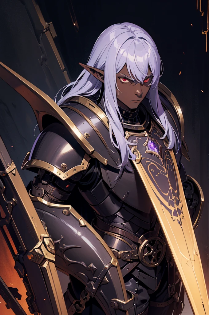 masterpiece, best quality, ultra high res, dark theme, 1boy, (dungeonpunk armor), (mechanical steampunk armor), (wearing armor), fantasy illustration, dark skinned, human, upper body, portrait, red eyes, long white hair, half-drow, pointy ears, serious face, young man, dramatic lighting, purple hue, art by Kinema Citrus