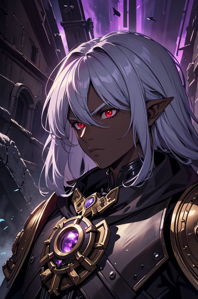 masterpiece, best quality, ultra high res, dark theme, 1boy, (dungeonpunk armor), (mechanical steampunk armor), (wearing armor), fantasy illustration, dark skinned, human, upper body, portrait, red eyes, long white hair, half-drow, pointy ears, serious face, young man, dramatic lighting, purple hue, art by Kinema Citrus
