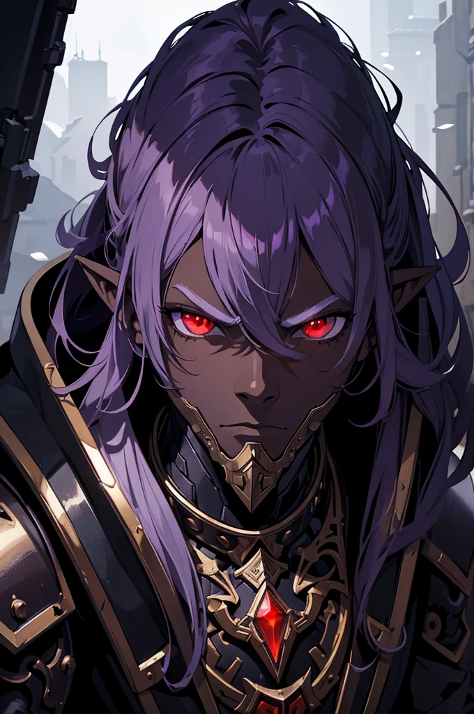masterpiece, best quality, ultra high res, dark theme, 1boy, (dungeonpunk armor), (mechanical steampunk armor), (wearing armor), fantasy illustration, dark skinned, human, upper body, portrait, red eyes, long white hair, half-drow, pointy ears, serious face, young man, dramatic lighting, purple hue, art by Kinema Citrus