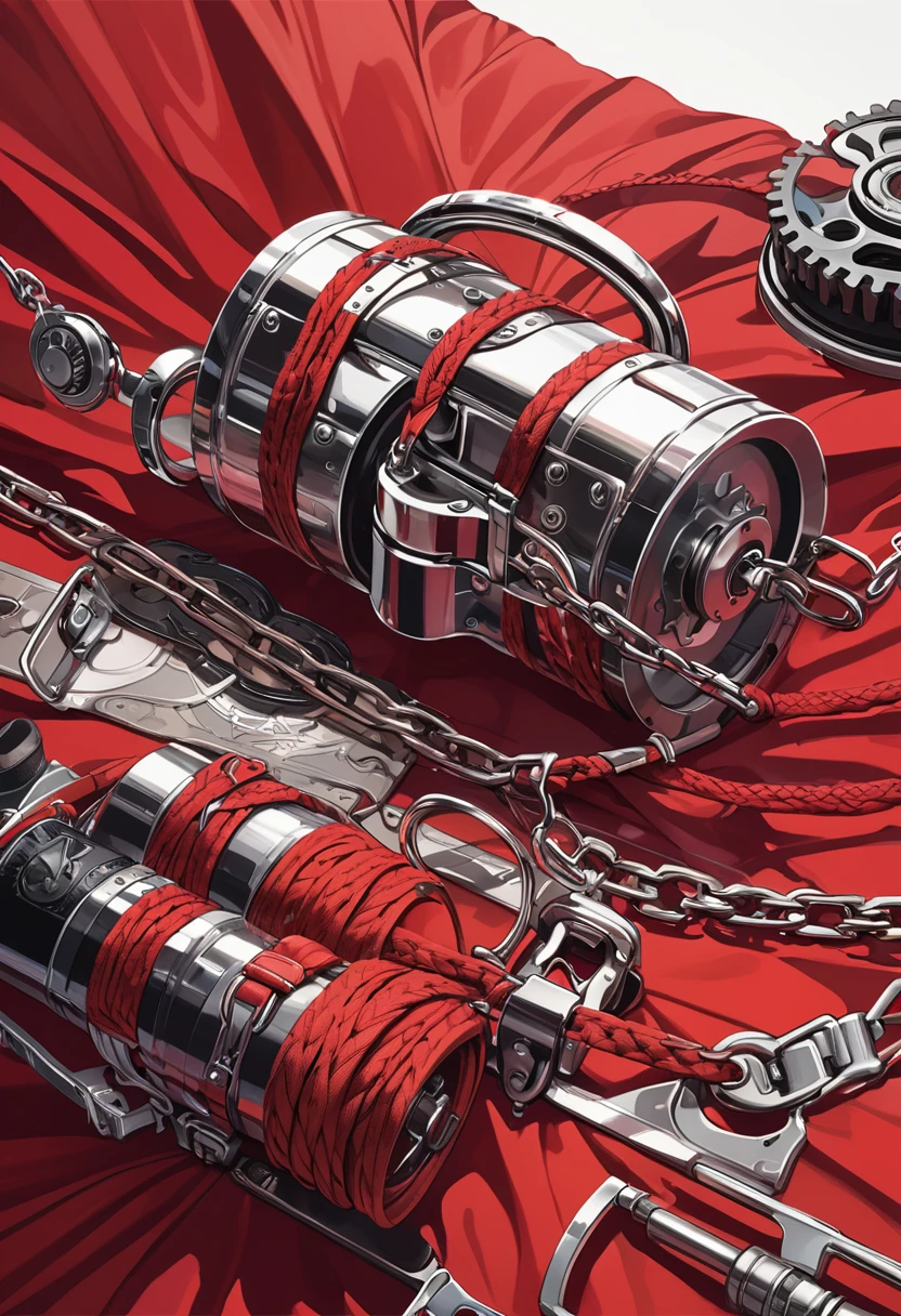 detailed illustration, dynamic angle, ultra-detailed, illustration, bdsm gear, bondage cuffs, red satin bed