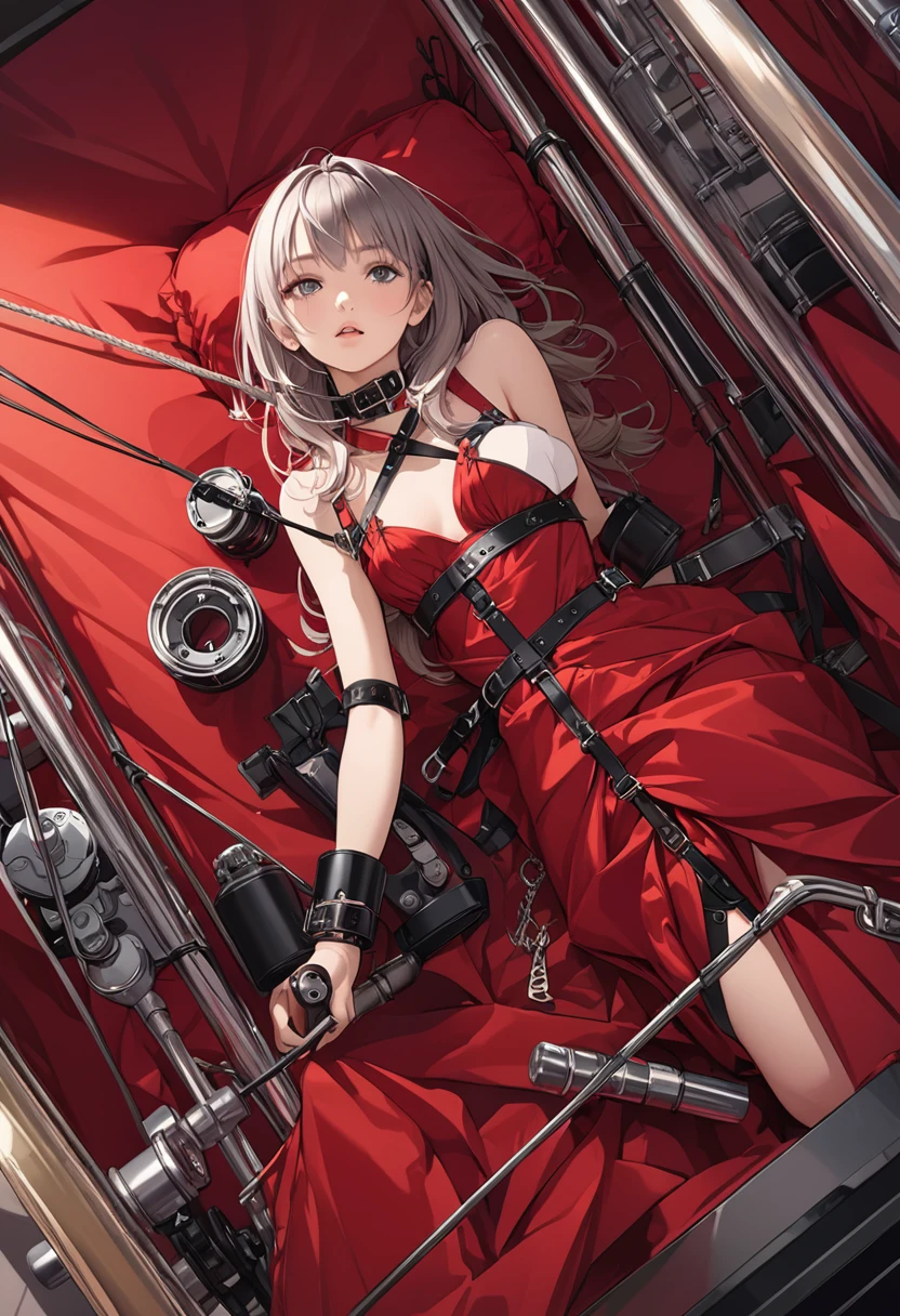 detailed illustration, dynamic angle, ultra-detailed, illustration, bdsm gear, bondage cuffs, red satin bed