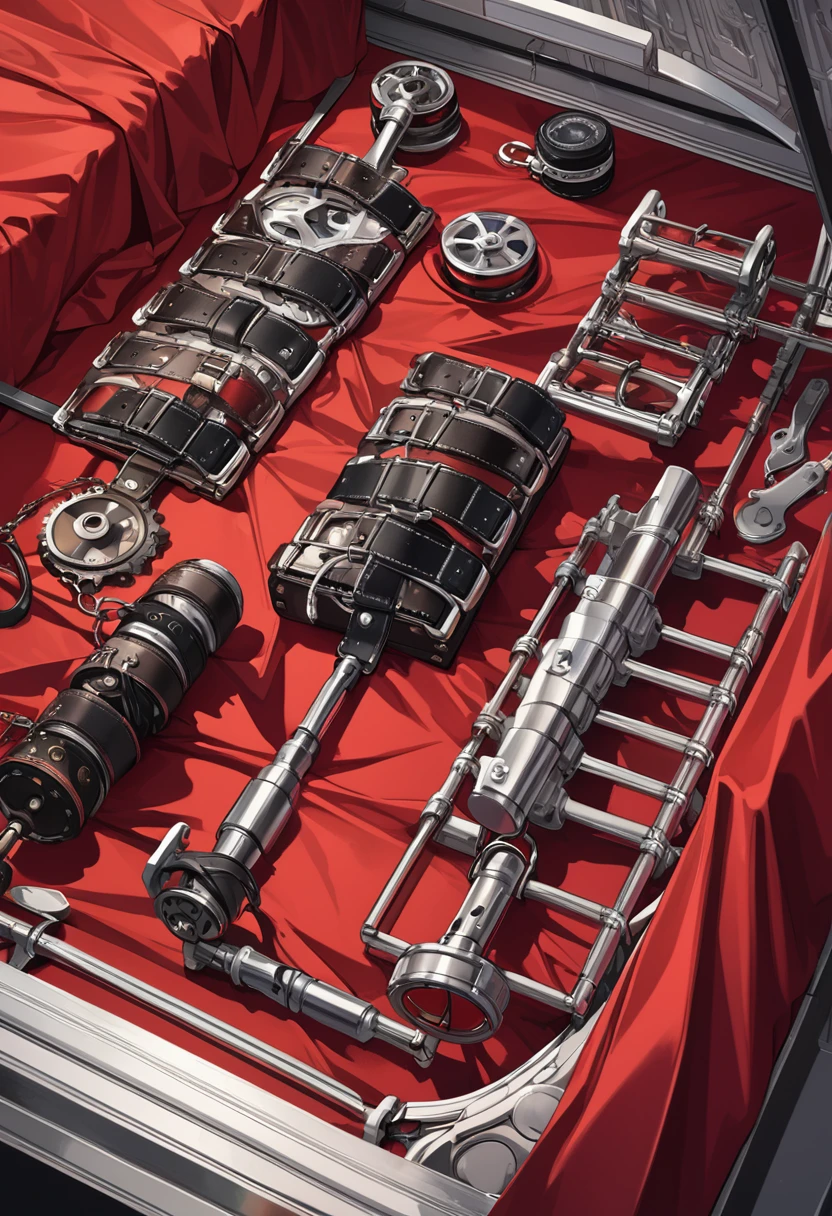 detailed illustration, dynamic angle, ultra-detailed, illustration, bdsm gear, bondage cuffs, red satin bed