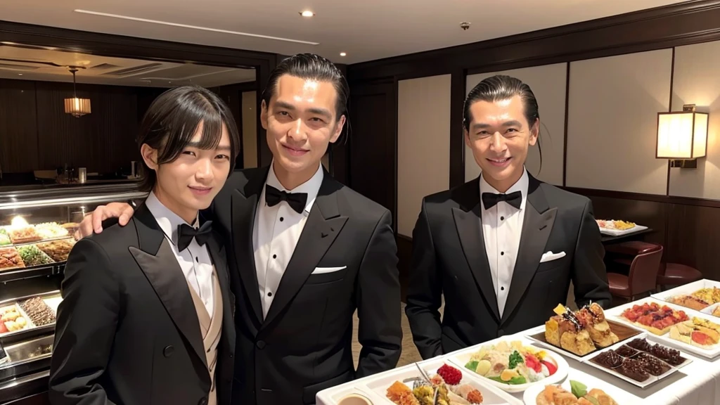 A tall man with bangs down and a man with his hair slicked back are taking a photo together., Japanese, Black suit, Luxury hotel buffet