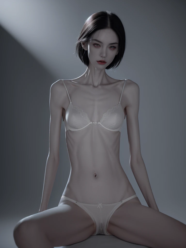 a woman with an extremely thin, emaciated body, visible bones, very slender figure, pale white skin, wearing only panties and a bra, full body tattoo, full body shot, having a mental breakdown, (best quality,4k,8k,highres,masterpiece:1.2),ultra-detailed,(realistic,photorealistic,photo-realistic:1.37),extremely detailed eyes and face,longeyelashes,dramatic lighting,high contrast,cinematic