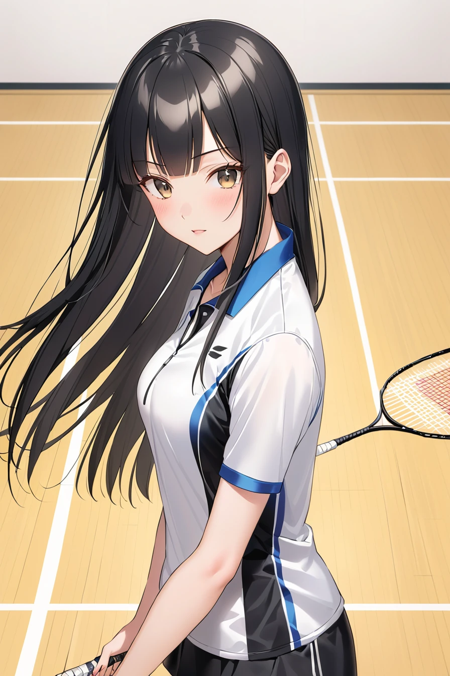 Black hair long straight　Straight Hair　Smooth and straight hair　Straight bangs　Badminton Wear　Badminton match　体にぴったりのBadminton Wear