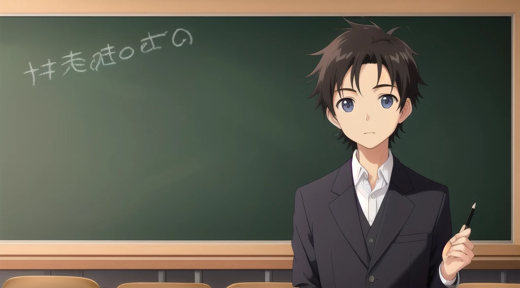 Teacher standing in front of the podium、Chalkboard at the back、、male、Black suit、Anime Style、Close-up of face