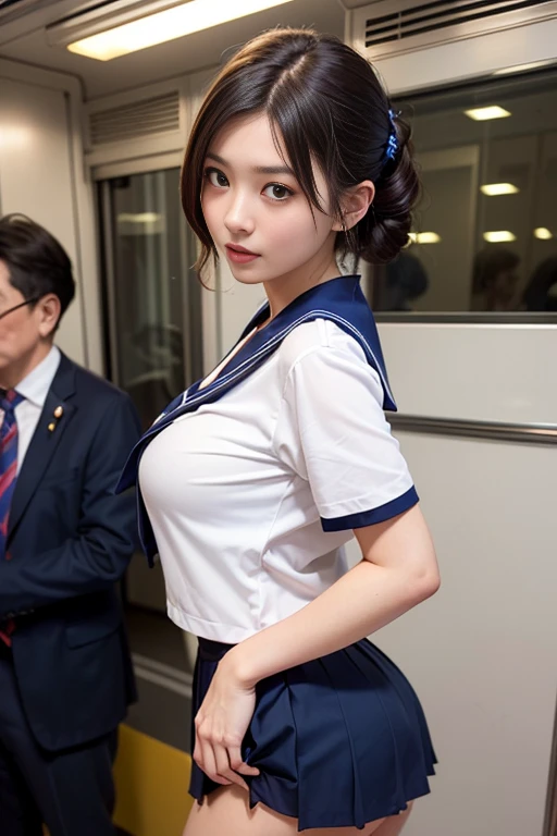 ((Beautiful 10 year old lolita naked girl with very short height))、(Naked girl very loli and chibi),grab from behind、12 year old sexy idol、((High school girl wearing short sailor suit with short sleeves,open blouse)),(sailor collar),(with her skirt up and grabbing her butt from behind on a crowded train)、(Dark blue pleated skirt with curls:1.3)、Beautiful naked girl１a person、((Japanese man grabs buttocks from behind))、((((sexually abuse))))、Touching her buttocks from behind on the bus、(red blush)、((huge breasts)),chica sexy,narrow waist、((very small face))、(((sexual act、erotic)))、((raised skirt、No panties))、(High twin tails),Large fur belt、High level image quality、realistic image、(((agony、angry expressions)))、(((Japanese men in suits touch their chests and crotches)))、((Hombre japonés con traje agarra huge breasts))、(((On a train full of men)))((NSFW))
