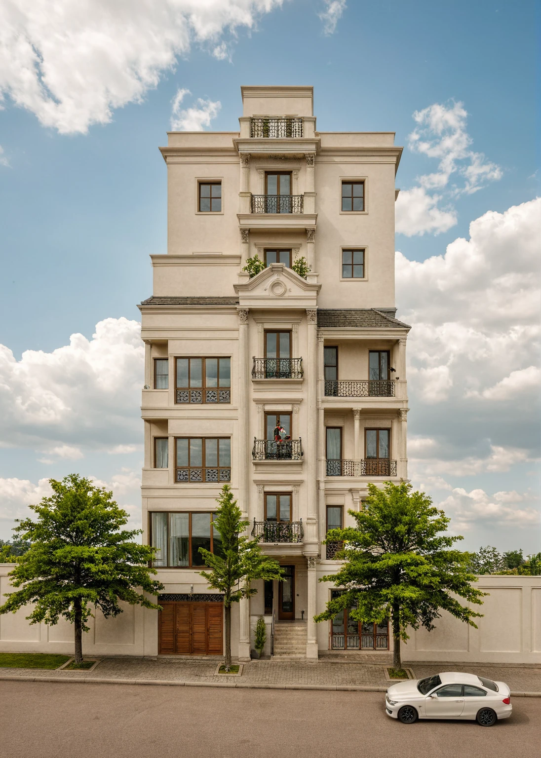 Raw photo,Masterpiece, high quality, best quality, authentic, super detail,
exterior, outdoors, house style neoclassic on the street ,aiaigroup, car, motobike, girl, human,
road,pavement, grass, trees, sky, cloud, (day:1.1)