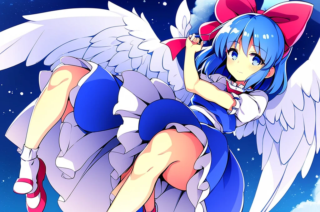 masterpiece, best quality, 1girl, , , , medium blue hair, hair flaps, pink ribbon on head, well-formed face, blue eyes, angel girl, white blouse, puffy short sleeves, red ribbon, angel wings, long white skirt, red shoes, frills, ribbon head