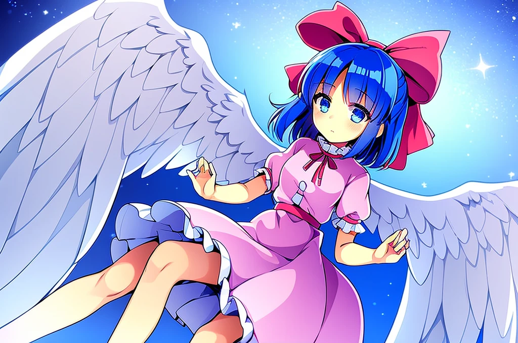 masterpiece, best quality, 1girl, , , 10 years old, medium blue hair, hair flaps, pink ribbon on head, well-formed face, blue eyes, angel girl, white blouse, puffy short sleeves, red ribbon, angel wings, long white skirt, red shoes, frills, ribbon head