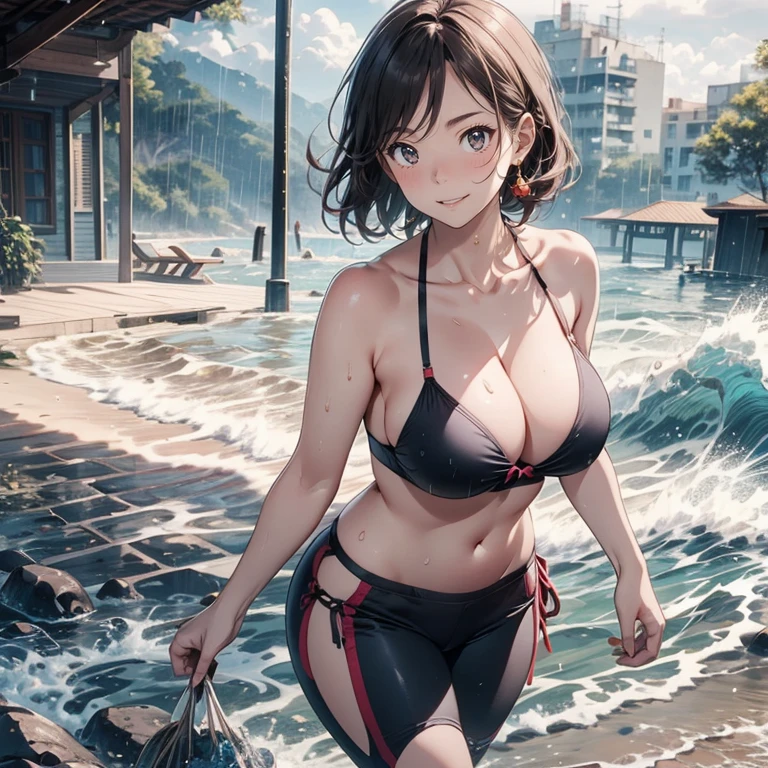 Highest quality, Super detailed, (Ultra-high resolution,8K), Ultra-high definition 4K, (Perfect Anatomy, Anatomically correct), Walking on the resort beach, (Five Sensual Housewives:1.4), Full body photography, (Beautiful Eyes), (Detailed eyes), (High-quality facial beauty), (In the Storm:1.2), rest, A moment, (Photorealistic), (Big Breasts), Soft Skin, Glowing Skin, (Tight camisole), Bikini pants, Bright lighting, Very heavy rain, colorful, Goddess-like beauty, Professional photography techniques