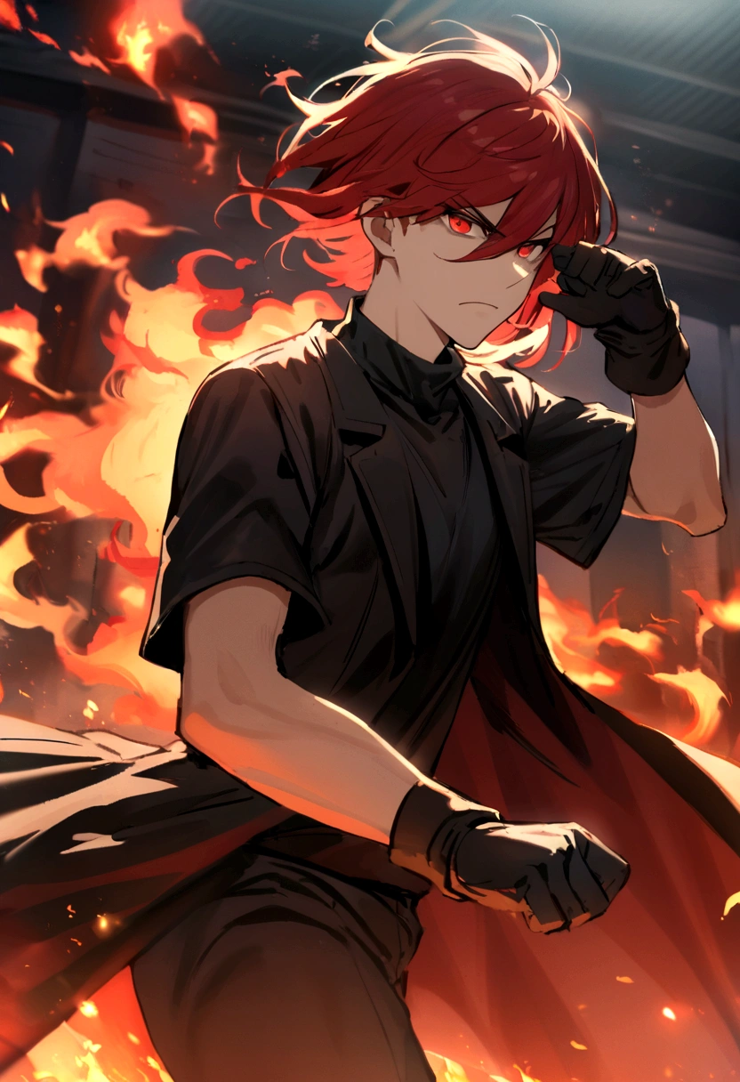 age boy, hair lifted up, medium length hair, long bangs covering the left eye, multicolored black and red hair, serious face, Eyes red, black jersey, loose red short-sleeved overcoat, pair of medium black gloves, fire aura around the character, scene in a fighting arena