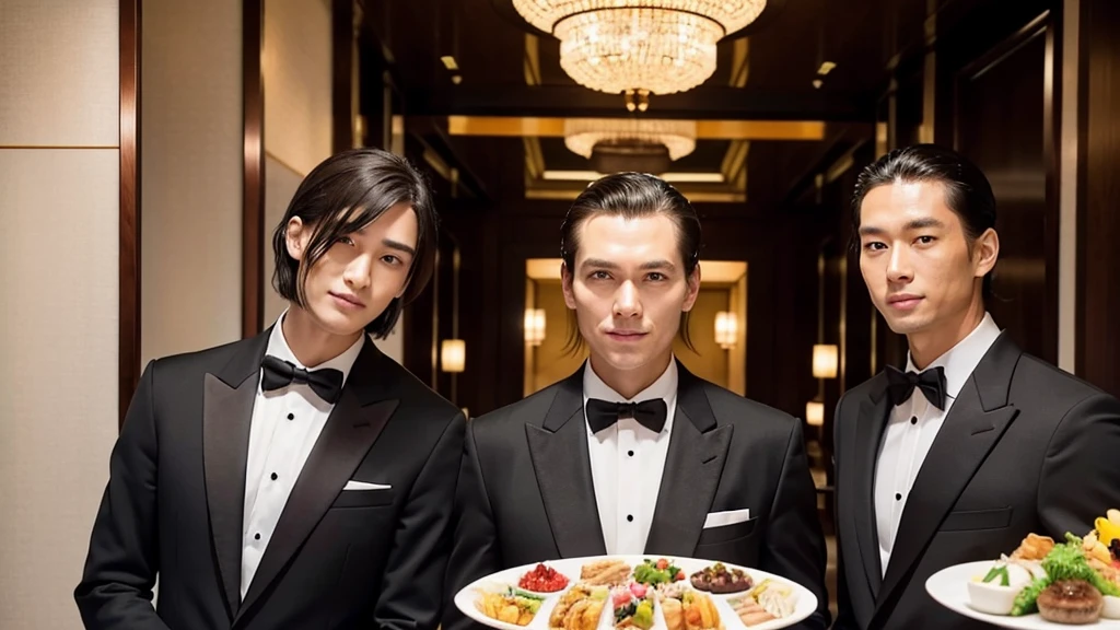 A tall man with bangs down and a man with his hair slicked back are taking a photo together., Japanese, Black suit, Luxury hotel buffet