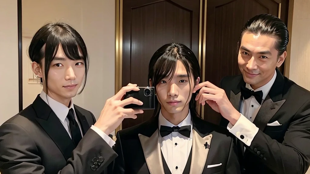 A tall man with bangs down and a man with his hair slicked back are taking a photo together., Japanese, Black suit, Luxury hotel buffet
