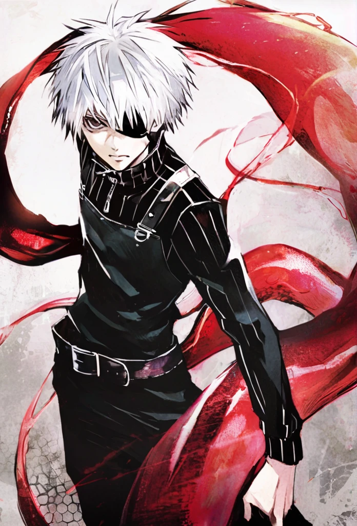 ```
ken kaneki, Tokyo Ghoul, white hair, black outfit, eyepatch, half-ghoul, serious expression, red kakugan eye, kagune tentacles, detailed face, high quality、Overall view、Uplifting、Cold-like sensation、Acrobatic

```