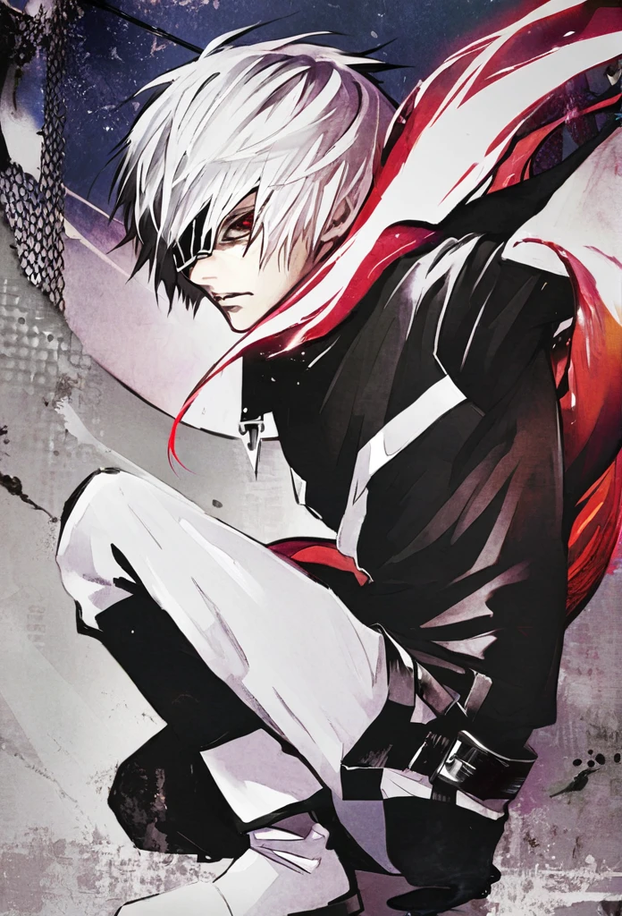 ```
ken kaneki, Tokyo Ghoul, white hair, black outfit, eyepatch, half-ghoul, serious expression, red kakugan eye, kagune tentacles, detailed face, high quality、Overall view、Uplifting、Cold-like sensation、Acrobatic
```