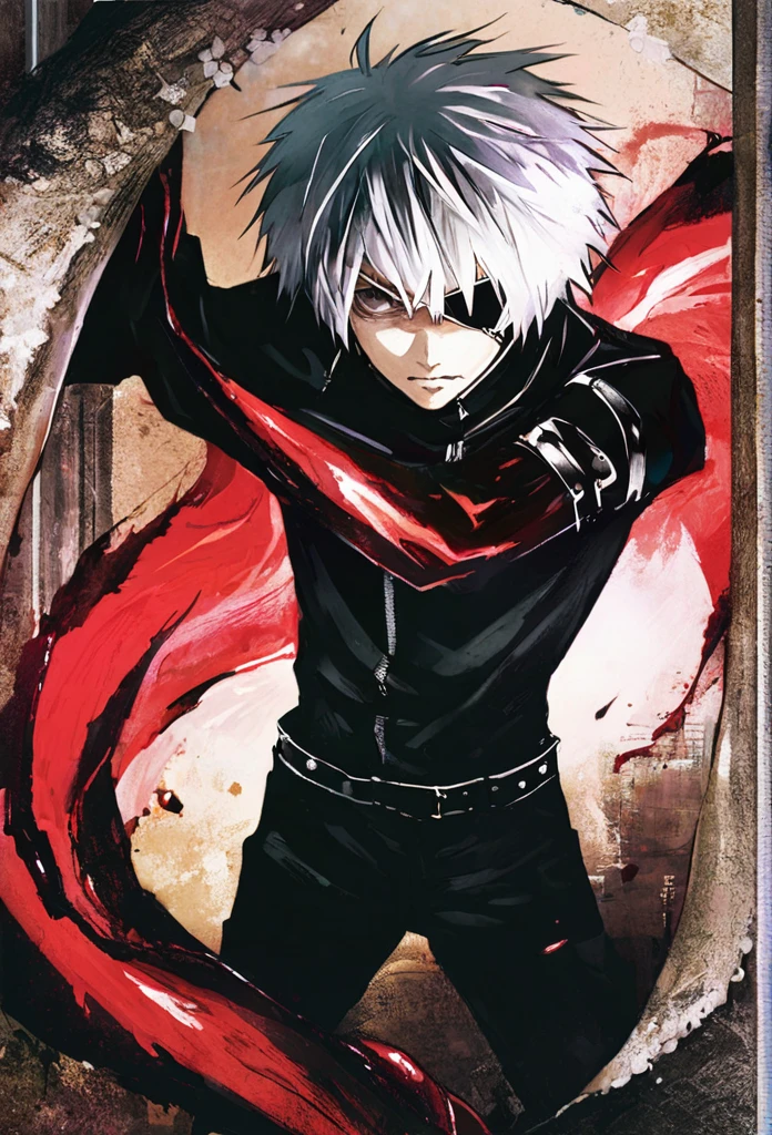 ```
ken kaneki, Tokyo Ghoul, white hair, black outfit, eyepatch, half-ghoul, serious expression, red kakugan eye, kagune tentacles, detailed face, high quality、Overall view、Uplifting、Cold-like sensation、Acrobatic

```