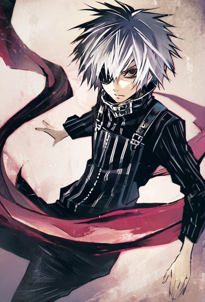 ```
ken kaneki, Tokyo Ghoul, white hair, black outfit, eyepatch, half-ghoul, serious expression, red kakugan eye, kagune tentacles, detailed face, high quality、Overall view、Uplifting、Cold-like sensation、Acrobatic

```