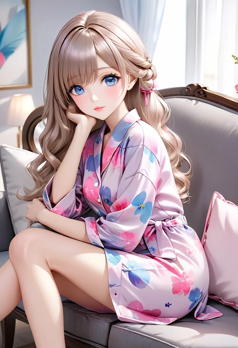 (masterpiece, best quality: 1.2),Barbie doll, ，Exquisite eyes,， （（Silk pajamas））Sitting on the sofa（8K）（HD）