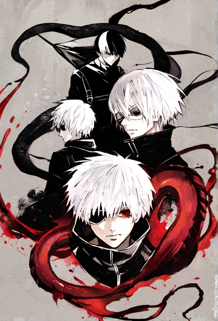```
ken kaneki, Tokyo Ghoul, white hair, black outfit, eyepatch, half-ghoul, serious expression, red kakugan eye, kagune tentacles, detailed face, high quality、Overall view、Uplifting、Cold-like sensation、Acrobatic
```