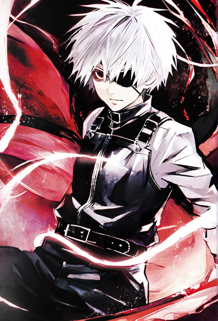 ```
ken kaneki, Tokyo Ghoul, white hair, black outfit, eyepatch, half-ghoul, serious expression, red kakugan eye, kagune tentacles, detailed face, high quality、Overall view、Uplifting、Cold-like sensation、Acrobatic

```